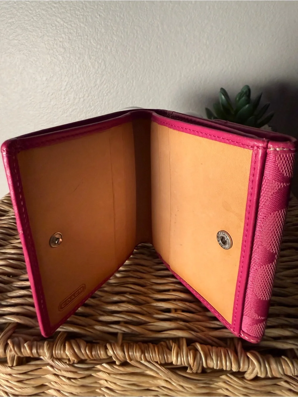 Vintage Coach Pink Signature Canvas Compact Wallet with Stripe Detail